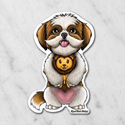 Magnet of a gold and white Shih Tzu holding a toy lion toy on a marble background