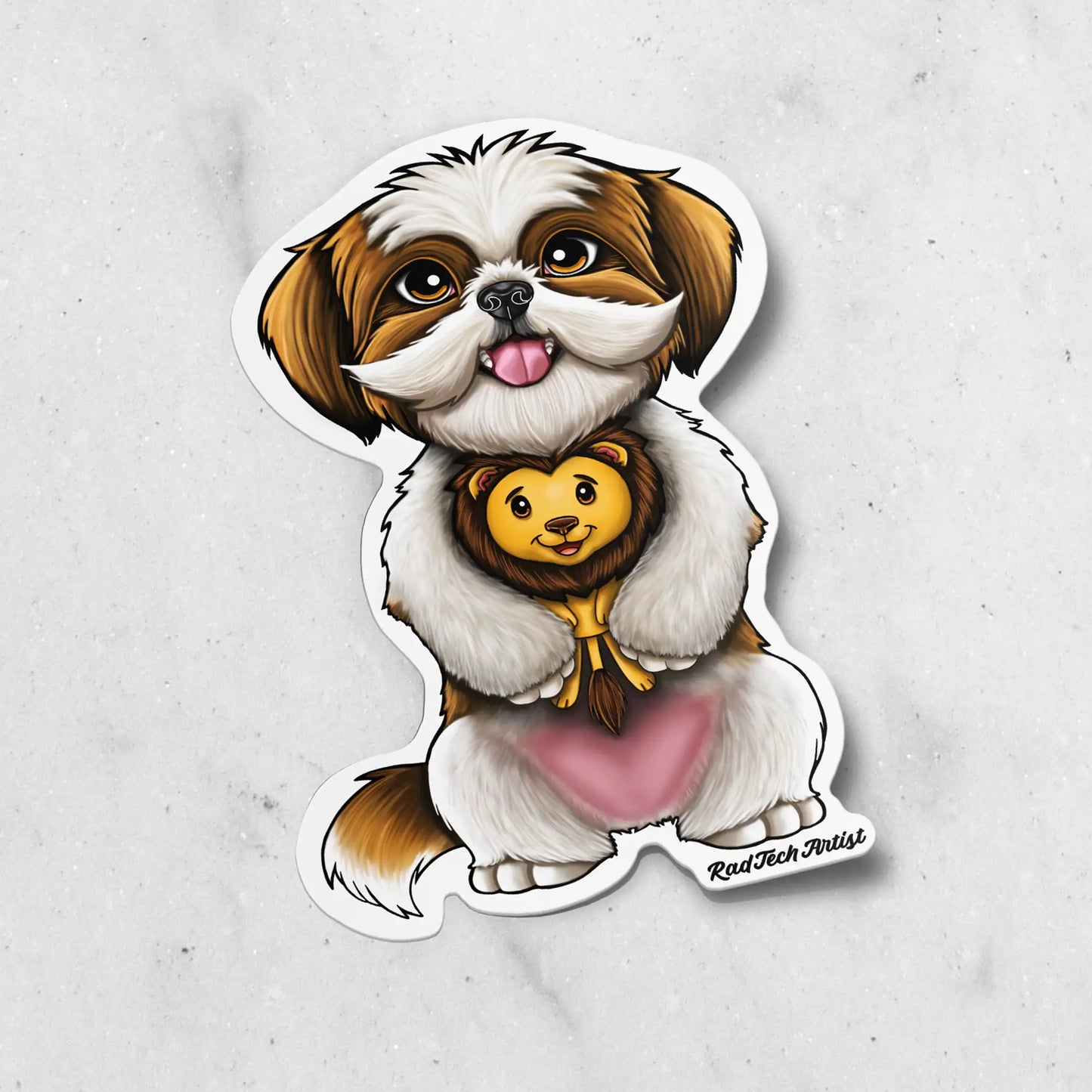 Sticker of a gold and white Shih Tzu holding a lion toy on a marble background