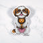 Magnet of a gold and white Shih Tzu dog holding a plush lion toy on a marble background