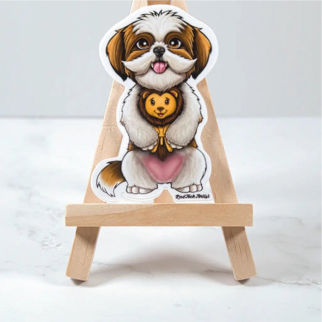 gold and white Shih Tzu sticker on a small wooden easel against a light gray background