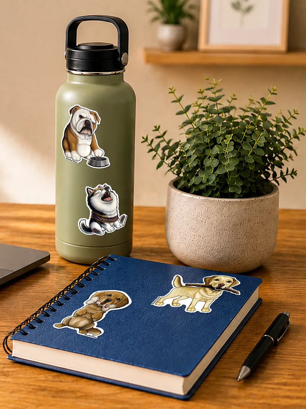 A styled desk scene with a matte olive green water bottle and a blue spiral notebook, both decorated with dog sticker illustrations. The water bottle has a black lid and handle, and the notebook has a blue cover with black spiral binding.