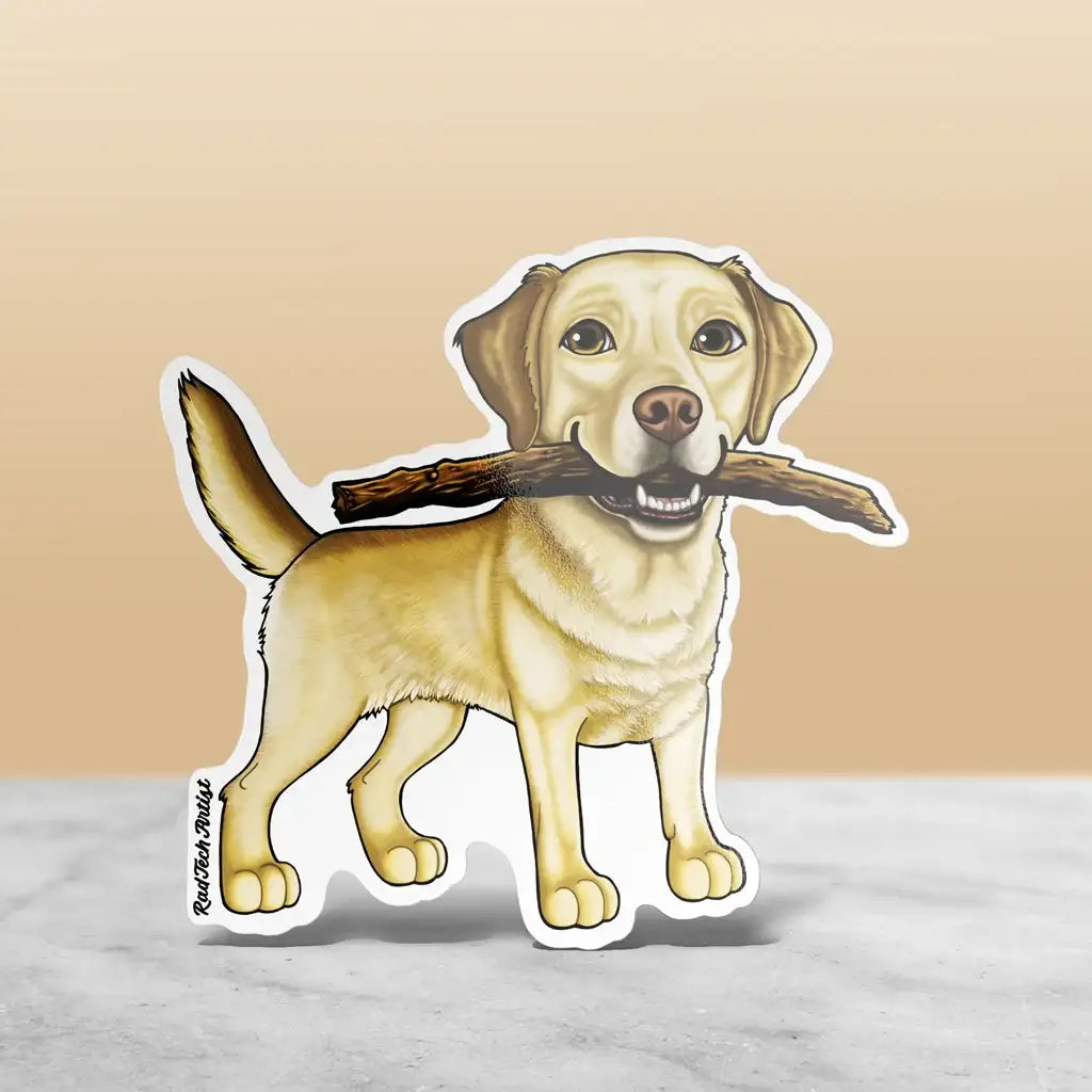Yellow Labrador Retriever sticker with a big smile, holding a stick proudly in its mouth.