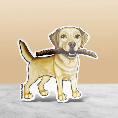 Yellow Labrador Retriever sticker with a big smile, holding a stick proudly in its mouth.