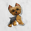 Sticker of a blue and gold Yorkie on a marble background