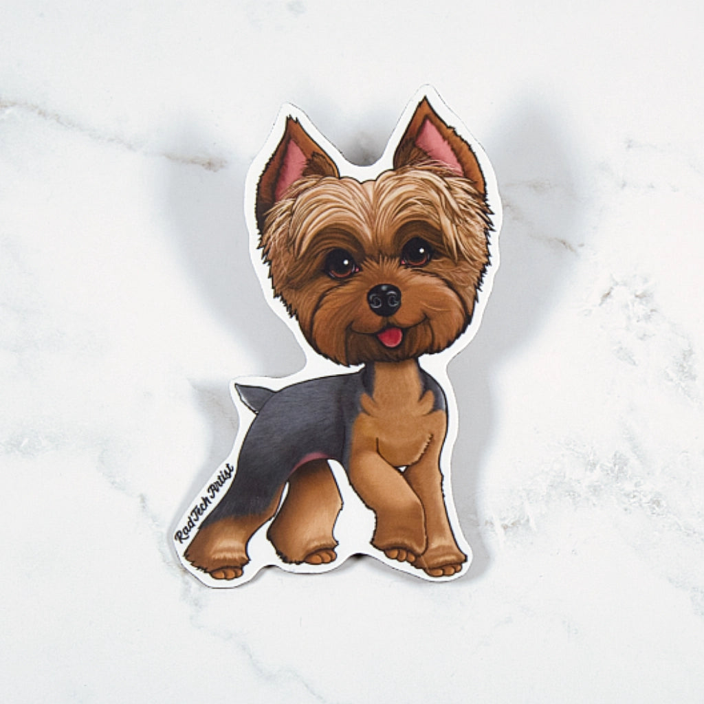 magnet of a blue and gold Yorkie on a white background