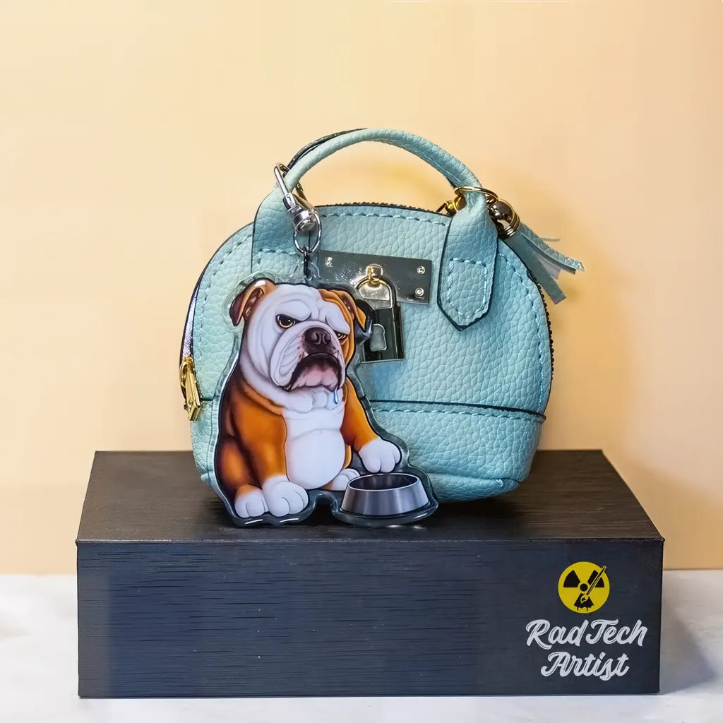 English Bulldog acrylic keychain clipped to a light blue handbag, featuring a red and white bulldog sitting beside a silver food bowl.