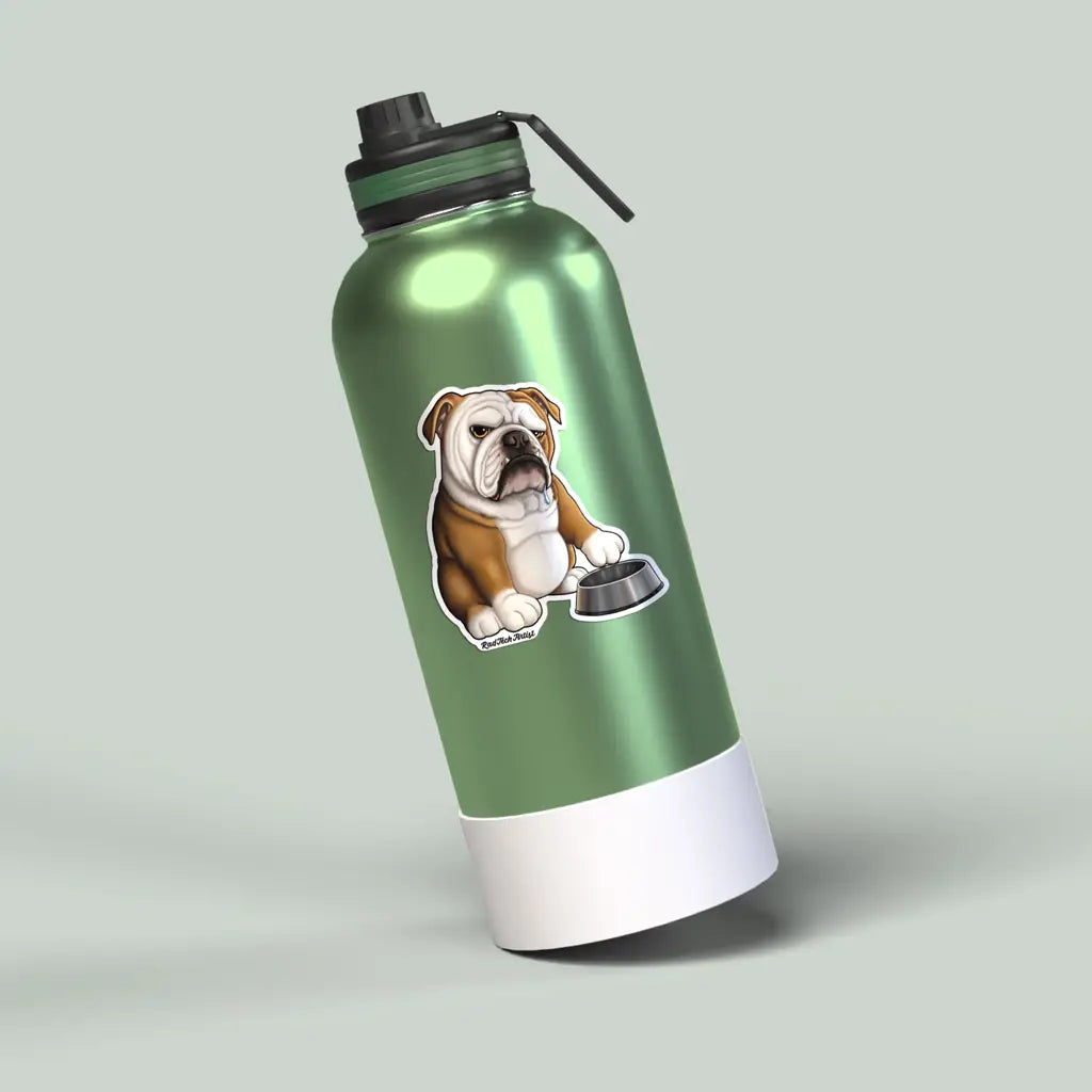 English Bulldog vinyl sticker on a green metal water bottle, displayed on a light gray background.
