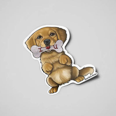 Golden Retriever vinyl sticker with glitter “I ♥ U” bone – cute dog design on light gray background.