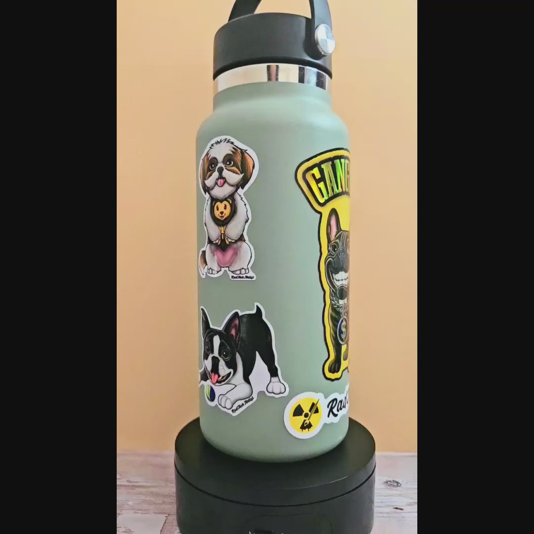 Video showing Gangsta Frenchie holographic sticker on a water bottle, with gold chain and dollar-sign medallion shimmering in the light.