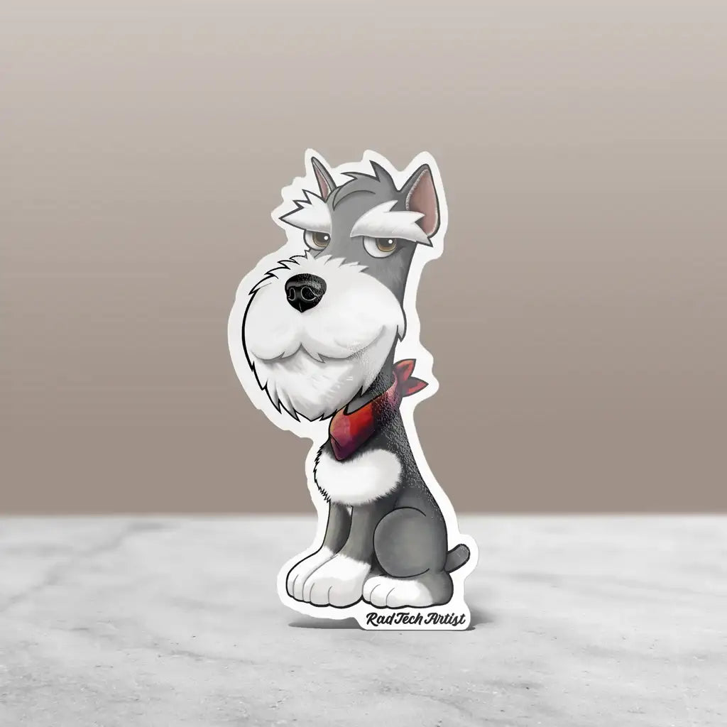 Thumbnail image of a salt and pepper Miniature Schnauzer sticker with a sly smile  and a red bandana, displayed against a neutral background.
