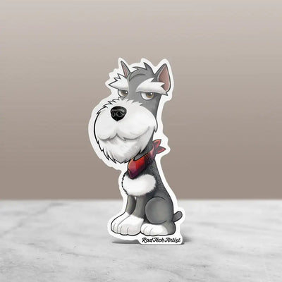 Thumbnail image of a salt and pepper Miniature Schnauzer sticker with a sly smile  and a red bandana, displayed against a neutral background.